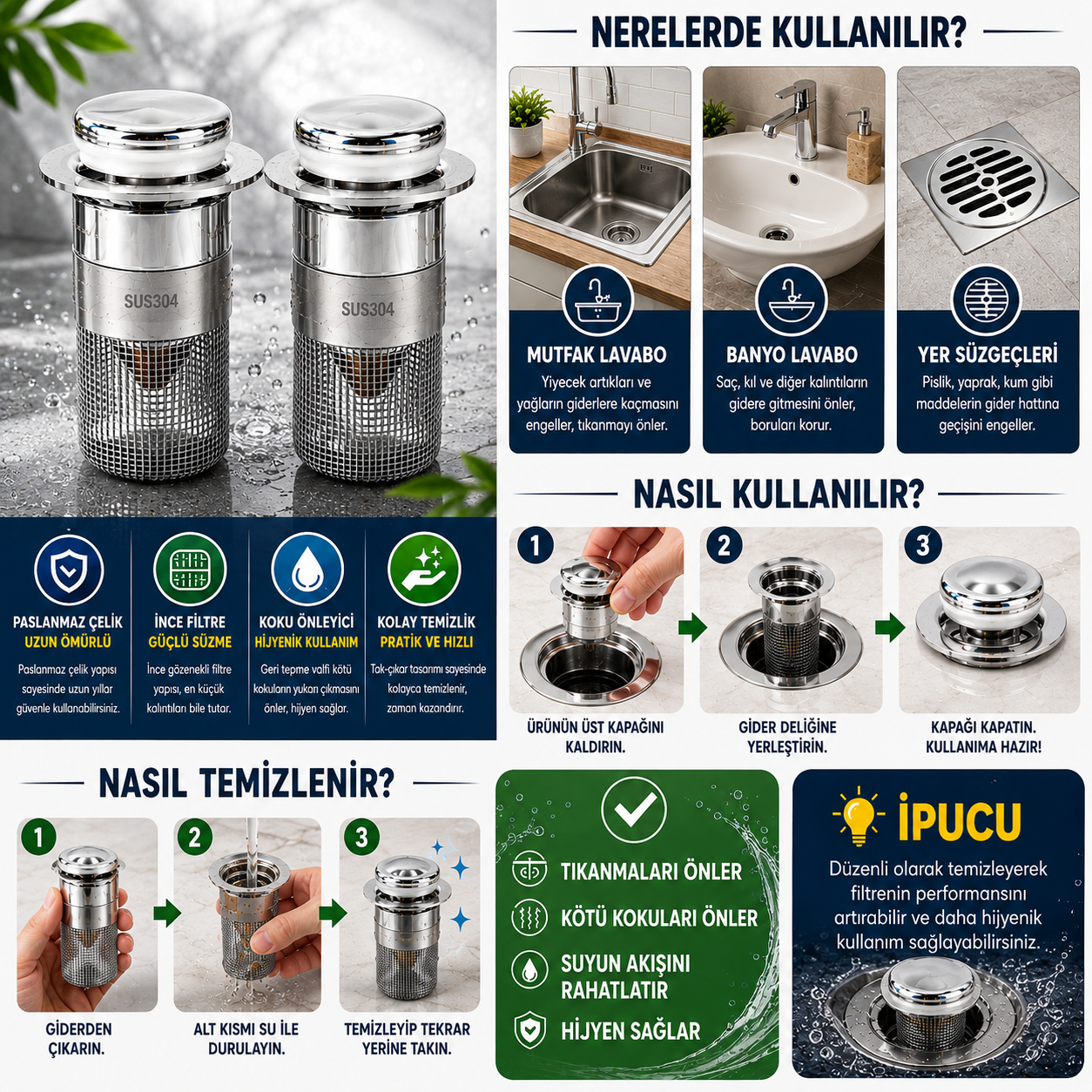 PASLANMAZ ÇELİK GİDER FİLTRESİ